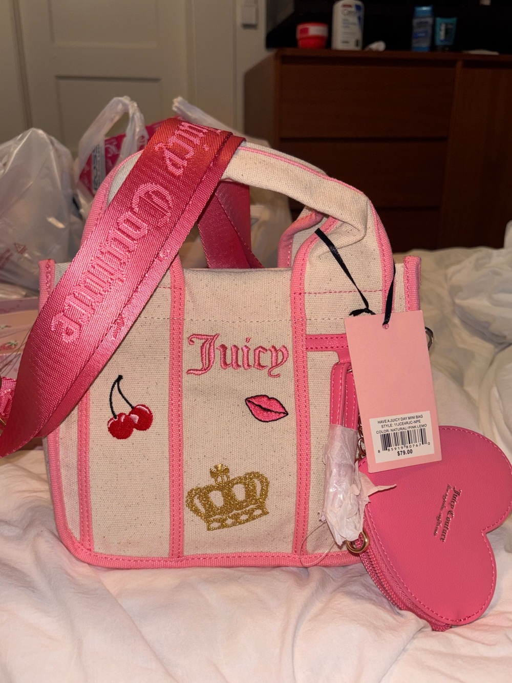 Juicy Couture Pink & Beige “Have a Juicy Day” Mini Tote with Heart Coin Pouch